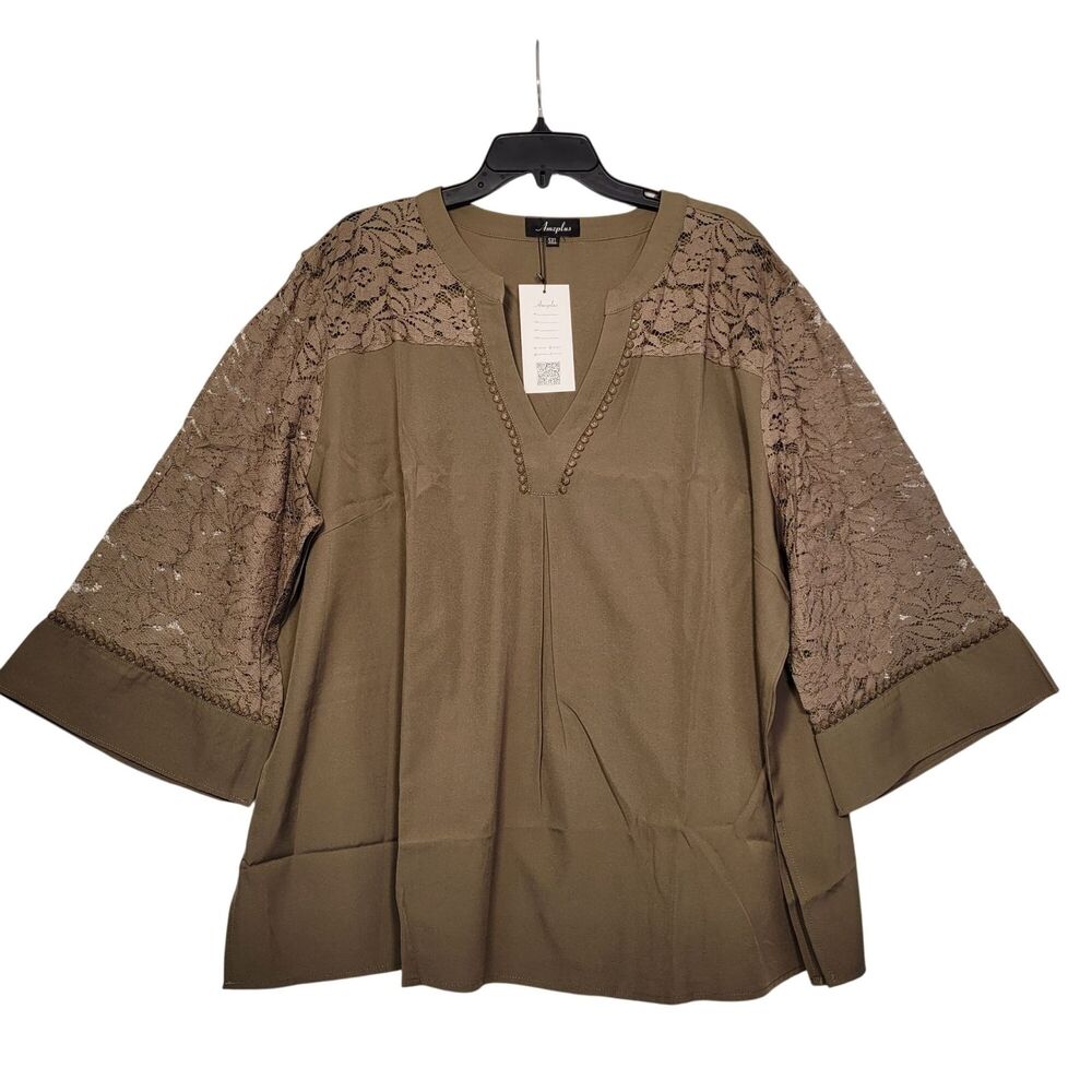 Amzplus Women's Plus Lace Casual V-Neck 3/4 Sleeve Loose Army Green Blouse 5XL